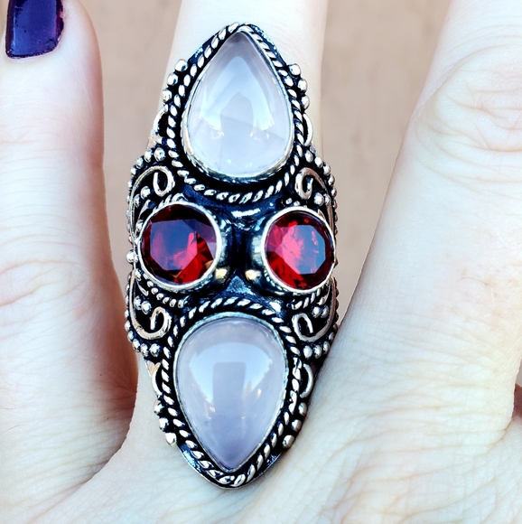 New Rose Quartz and Garnet 925 Silver Statement Ring. - Picture 12 of 15